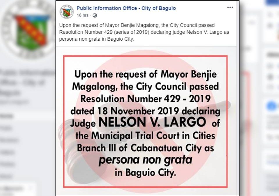 Baguio City declares “bully” Cabanatuan judge persona non grata