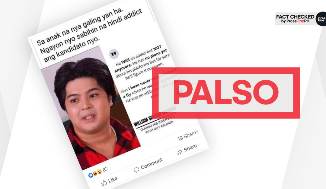 FACT-CHECK: Anak ni Bongbong Marcos, naadawan ti palso a sao nga ni tatang na ket “adik” ken “awanan plano maipanggep kadagiti plataporma na.”