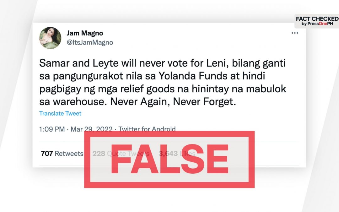FACT-CHECK: Marcos supporter falsely claims Robredo stole Yolanda funds, left relief goods to rot