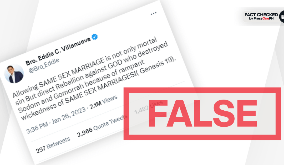 FACT-CHECK: Pastor and congressman Eddie Villanueva falsely claims Chapter 19 of Genesis mentions same-sex marriage